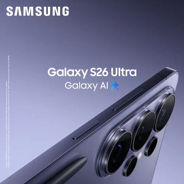 Samsung Galaxy S26 Ultra showcasing camera features and Galaxy AI branding.
