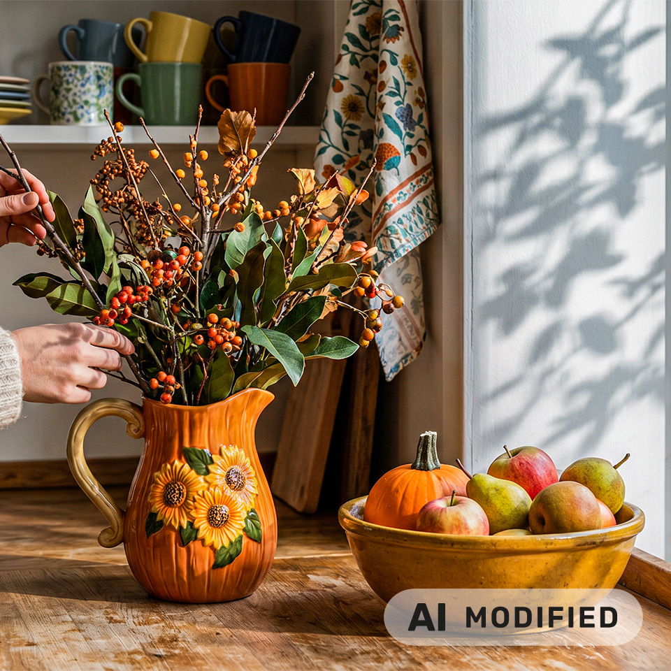 Un pichet décoré avec des fleurs à côté d’un bol de pommes.