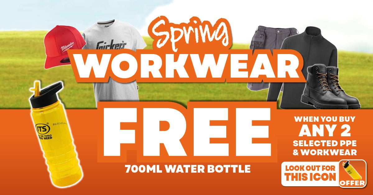 banner with text saying spring workwear, free bottle when you buy any 2 selected ppe & workwear. Image of a bottle and workwear. 