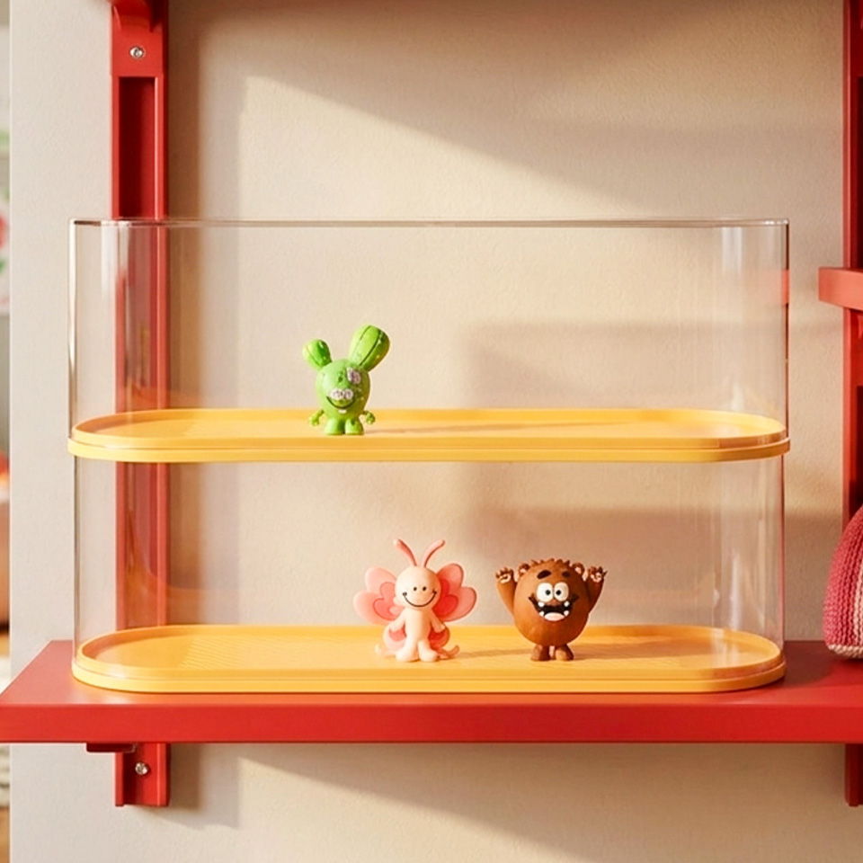 Colorful figurines displayed in a clear case on a shelf.