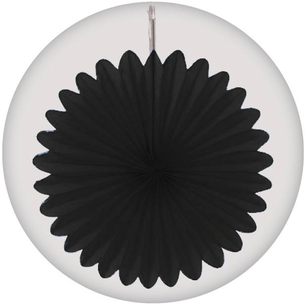 Image of hanging black paper fan decoration. Shop all black decorations.