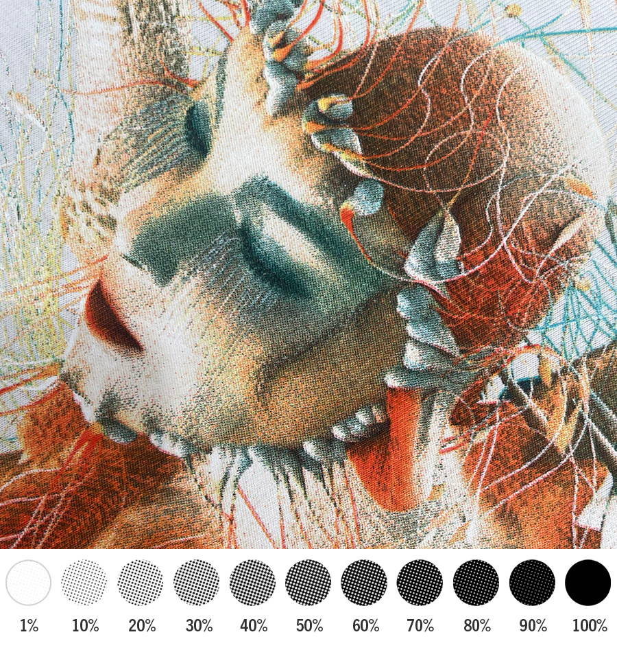 A close-up of a simulated process screen print on a white shirt showing the use of halftones and blending to reproduce stunning detail and depth of a surrealist style artwork that features an etherial humanoid characters head blending into naturalistic elements and sprouting plantlike tendrils from her head, and exagerated long eyelashes. The colours range features predominantly oranges and reds, with shading of shadow areas on the face in dark green torquoise tones and white highlights. Below the image is 11 circles showing a range of round halftone dot spacing densities from nearly pure white at 1% up to 100% density of pure black.