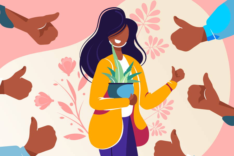 vector image of person holding plant and giving thumbs up 