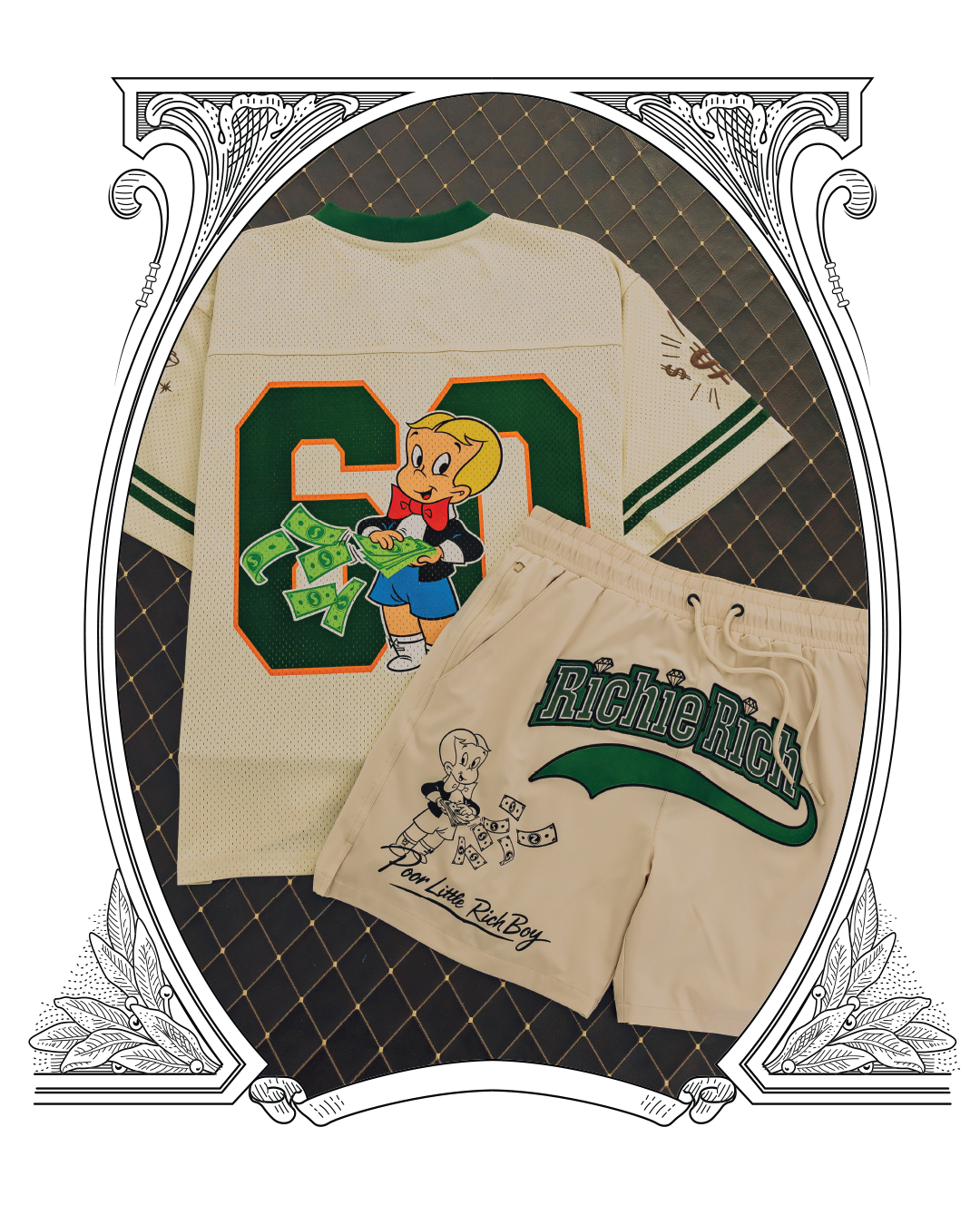 A cartoon-themed shirt and shorts set featuring a character holding money.