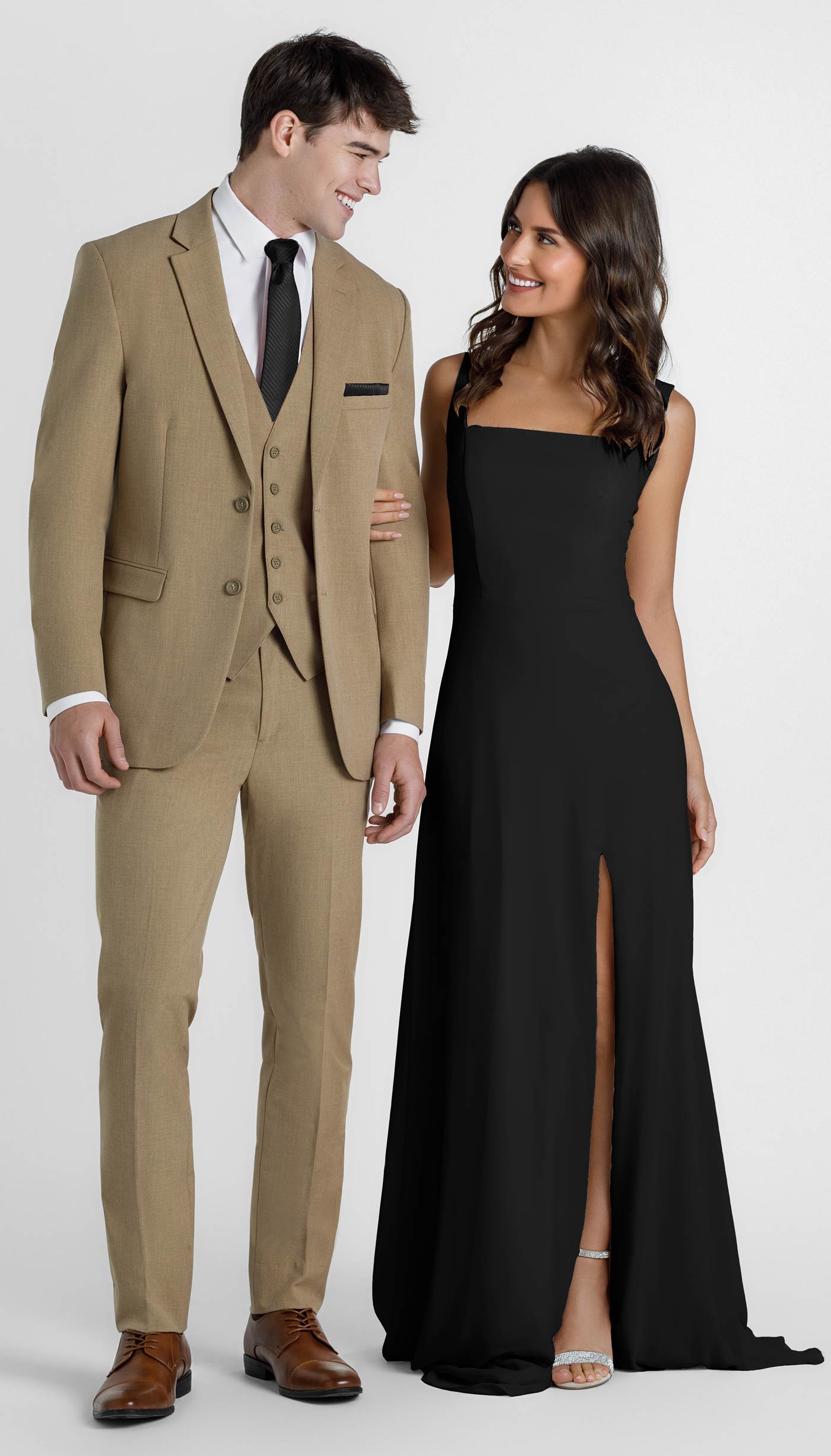 camel suit with black bridesmaid dress