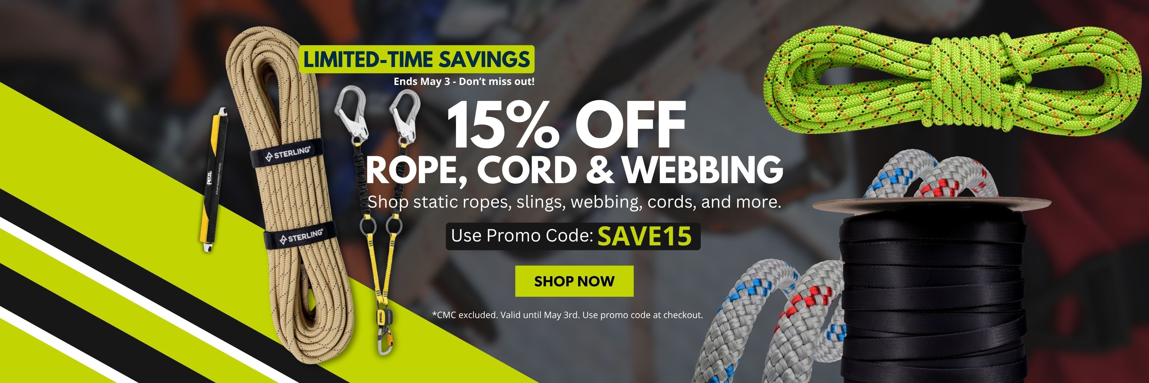 Promotional banner for 15% off ropes, cord, and webbing.