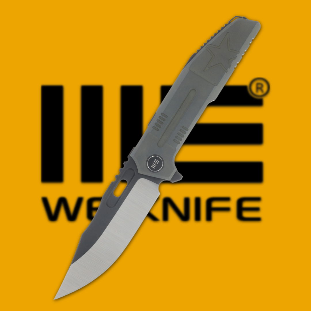 A folding knife against a yellow background with the WE Knife logo.