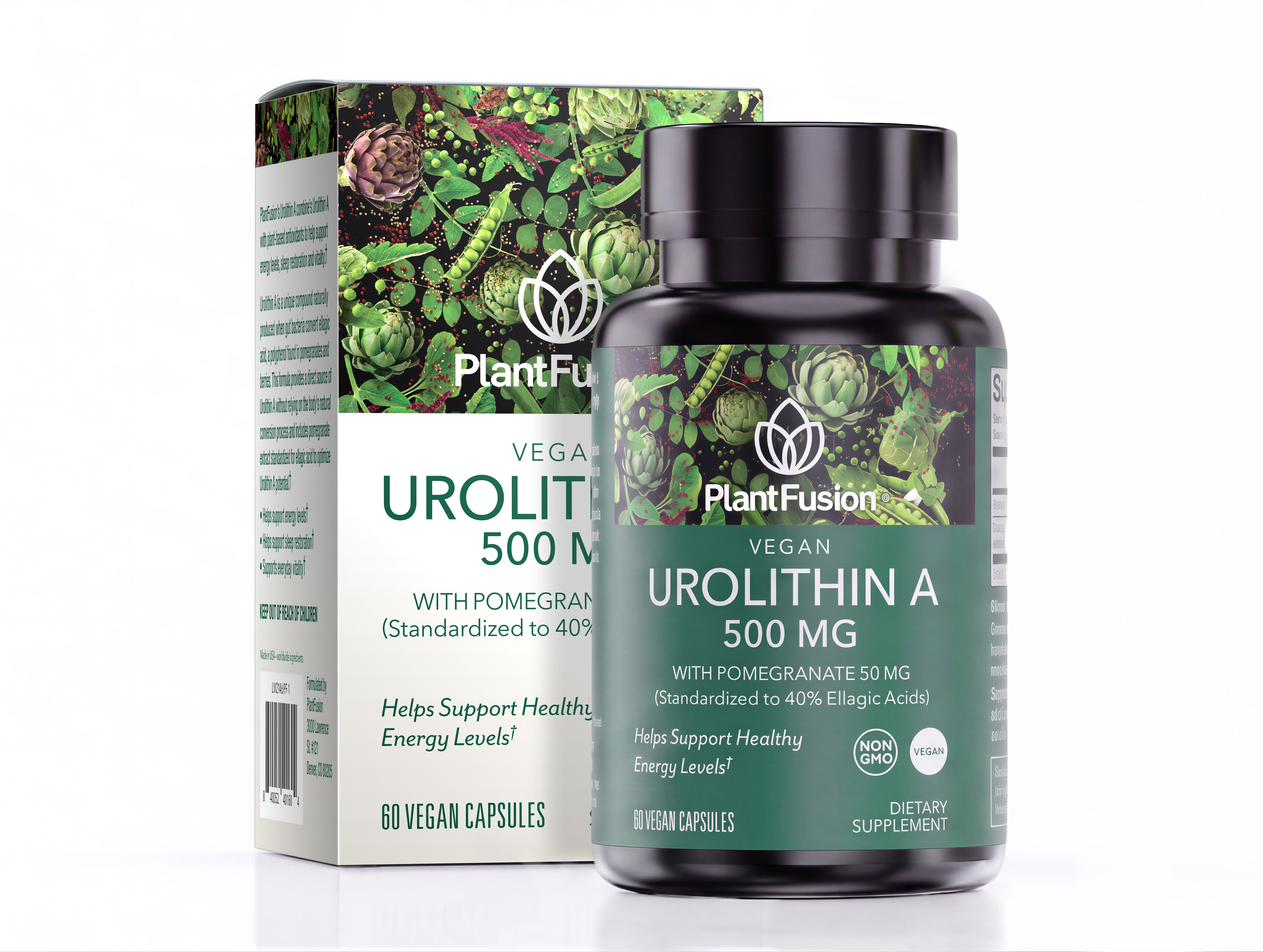 Urolithin A supplement bottle and packaging on a white background.