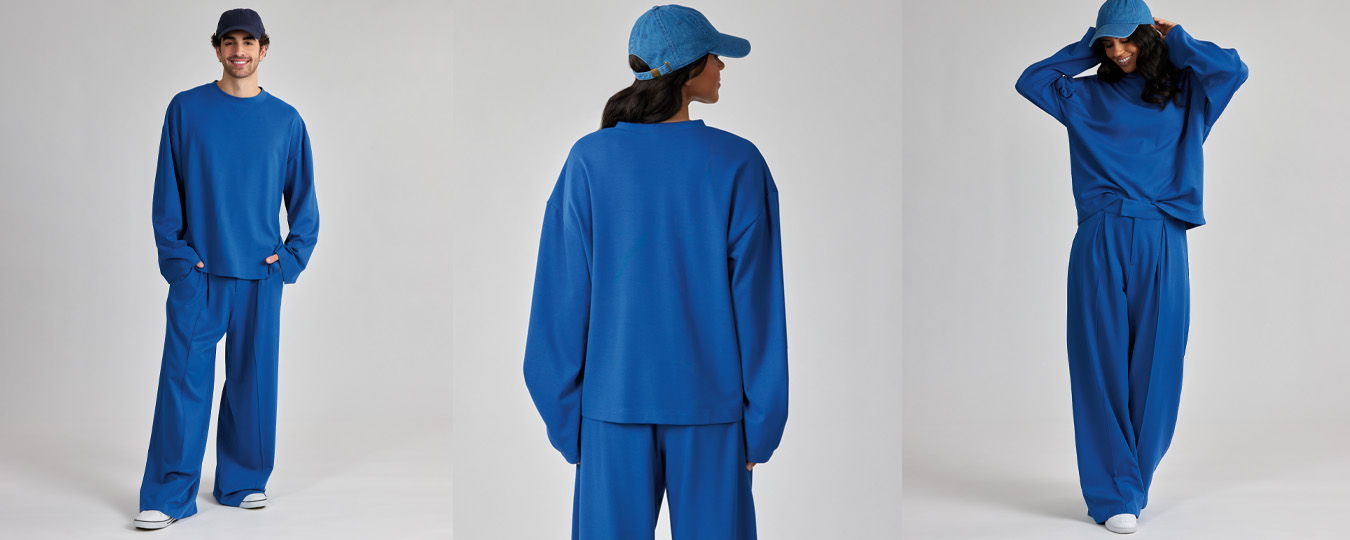 Person wearing a blue outfit, shown from multiple angles against a neutral background.