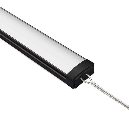 LED light fixture with a black housing and exposed wiring.