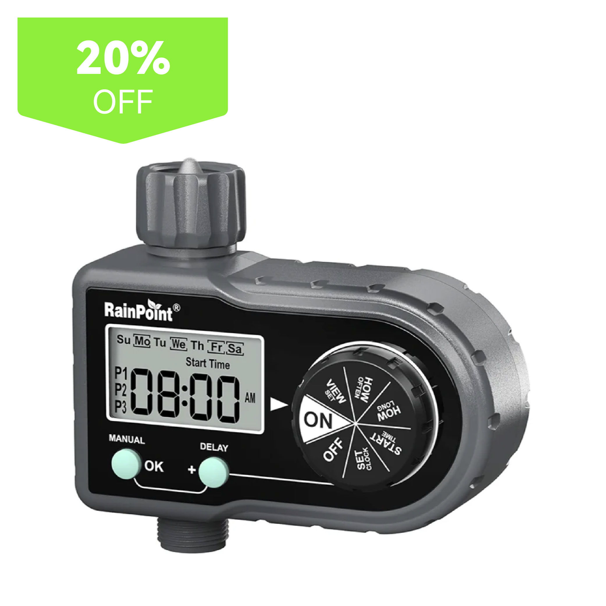 Digital garden timer with discount label.