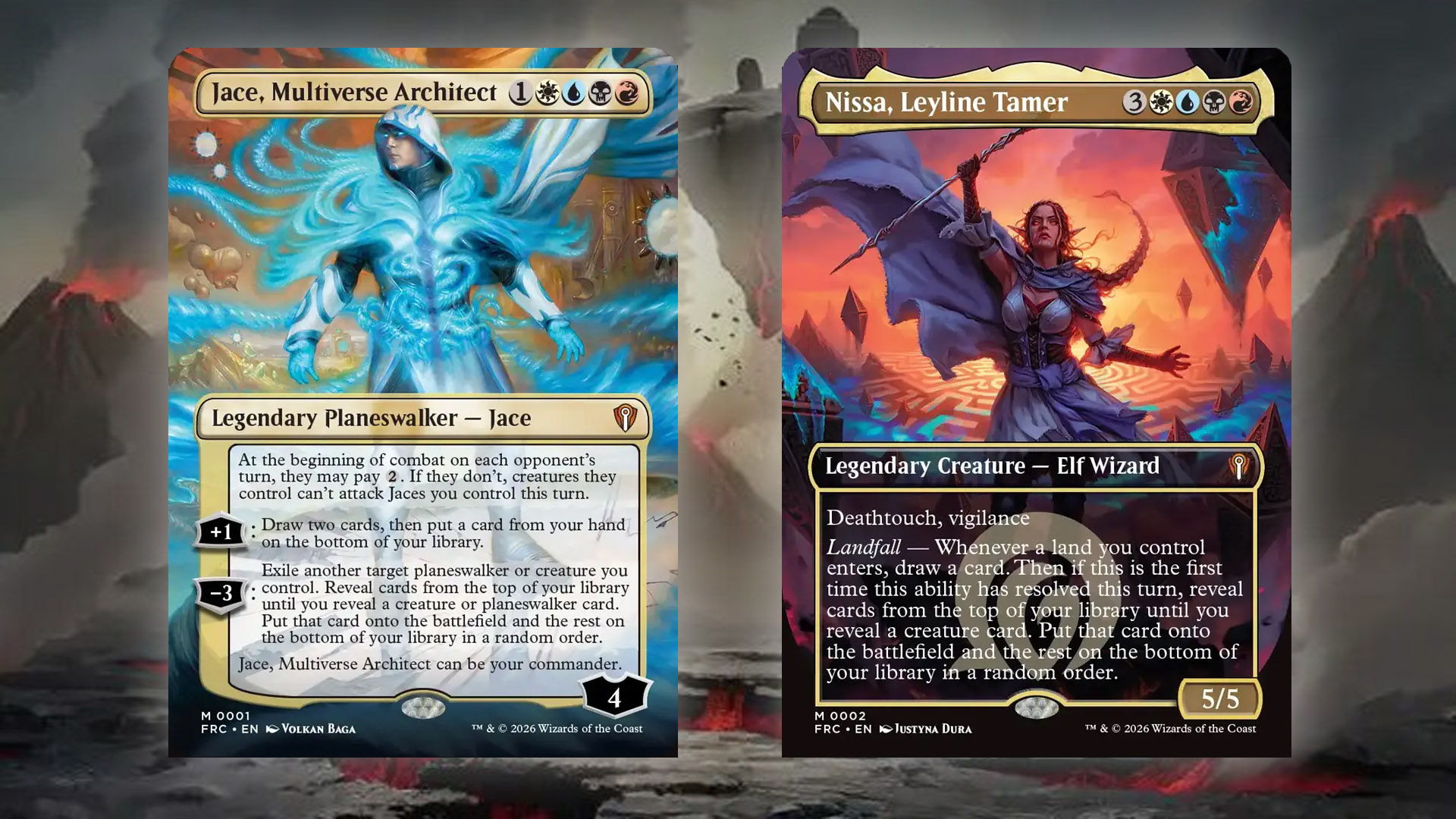 The two MTG Commanders Jace, Multiverse Architechct, and Nissa, Leyline Tamer from the MTG Multiverse Reforged Commander deck