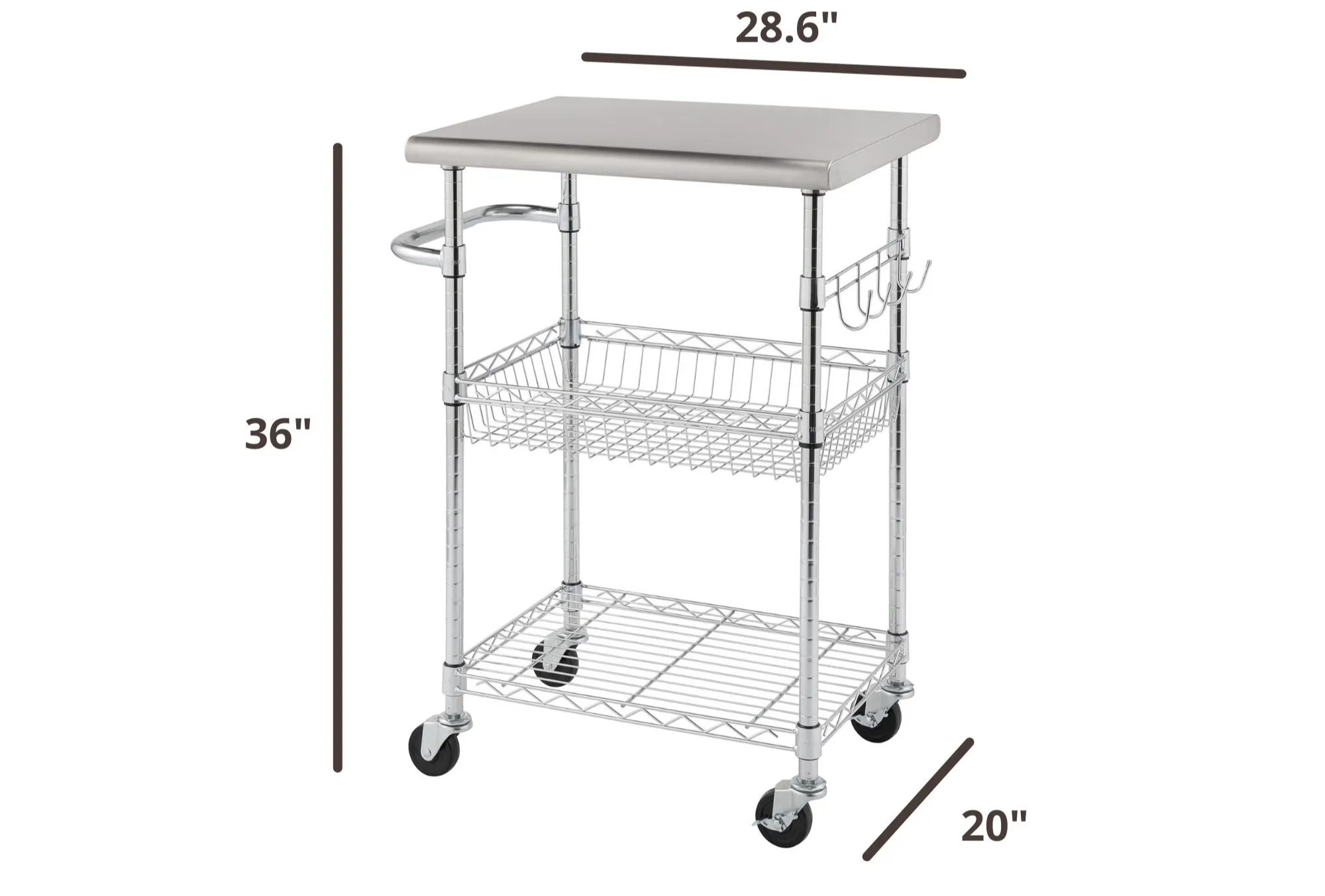36 inches tall by 28.6 inches wide by 20 inches deep stainless steel kitchen cart