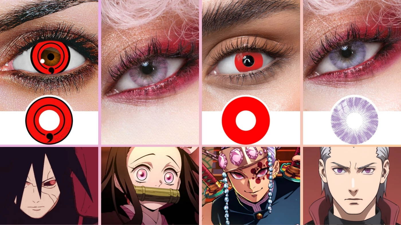 A collage of anime characters and close up eyes wearing vibrant cosplay colored lenses
