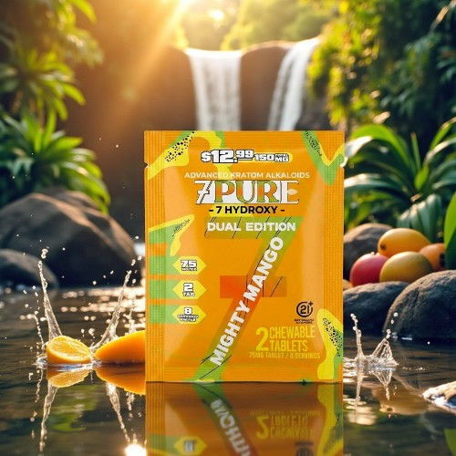 A vibrant package of Mighty Mango flavor in a tropical setting.