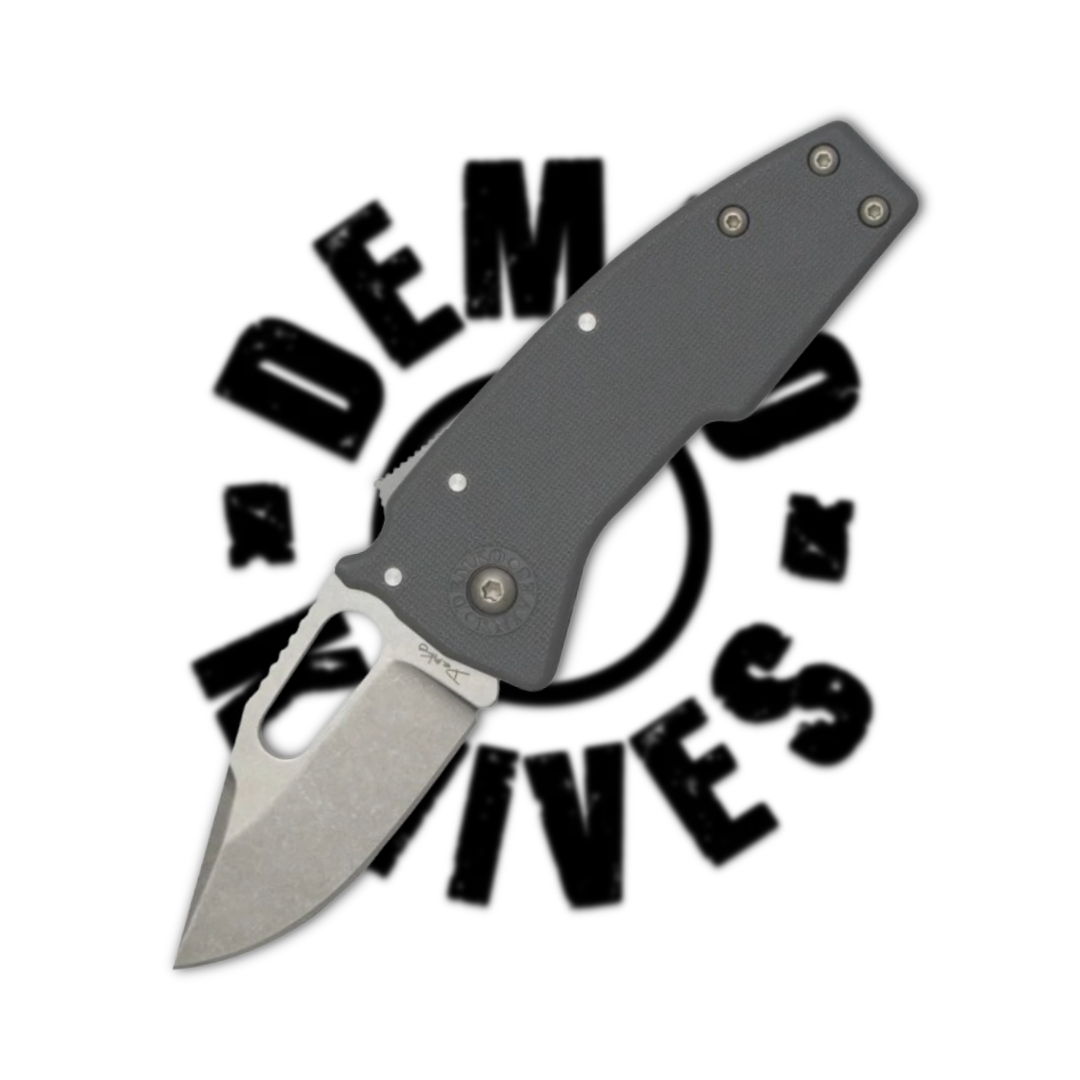 Folding knife with a gray handle and the text 