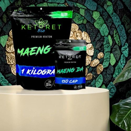 Package of Maeng Da product on a table with a decorative background.