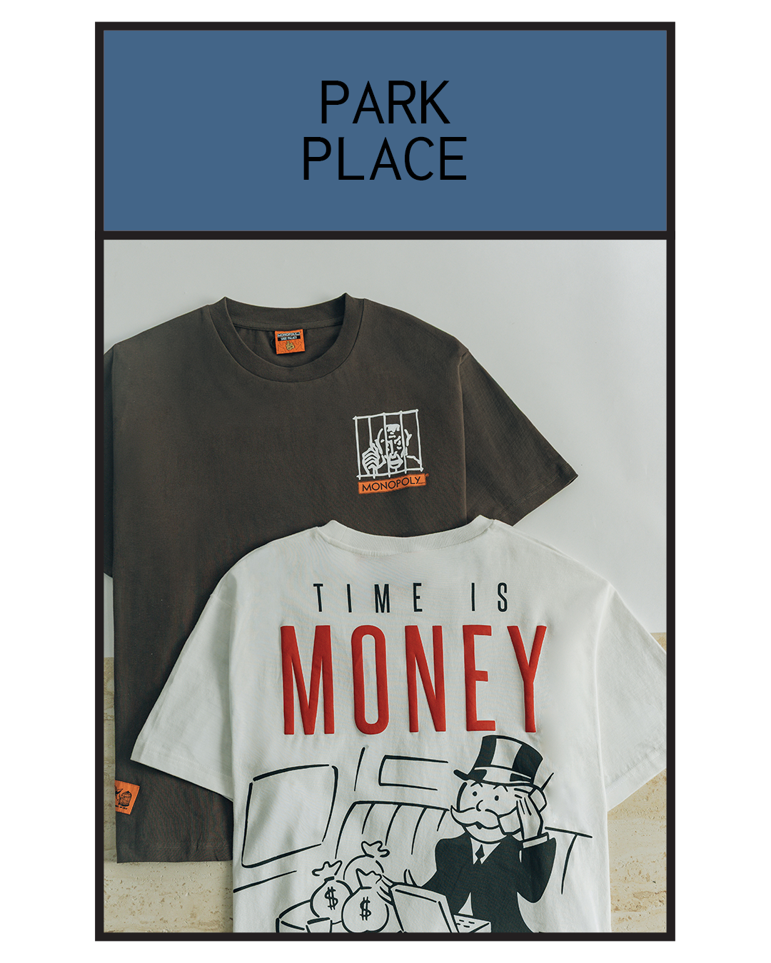 Two T-shirts featuring Monopoly designs, one with 