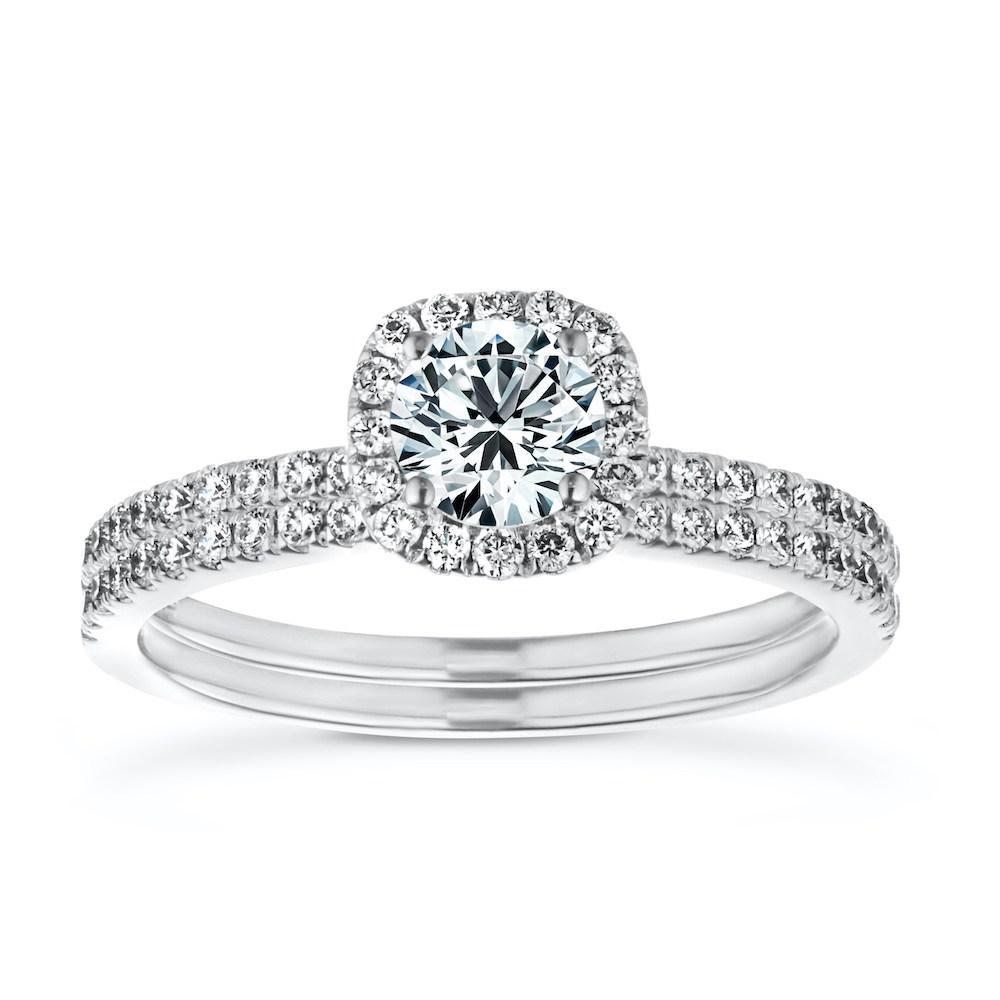 Stackable Diamond Accented Vintage Style Wedding Ring Set with Diamond Halo Engagement Ring
