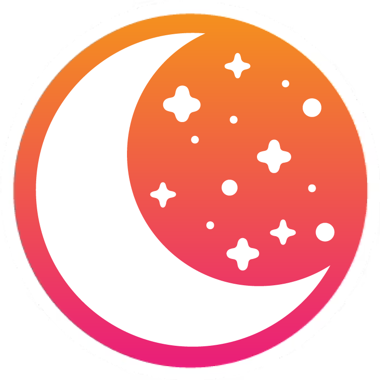 A crescent moon with stars in a gradient circle design.