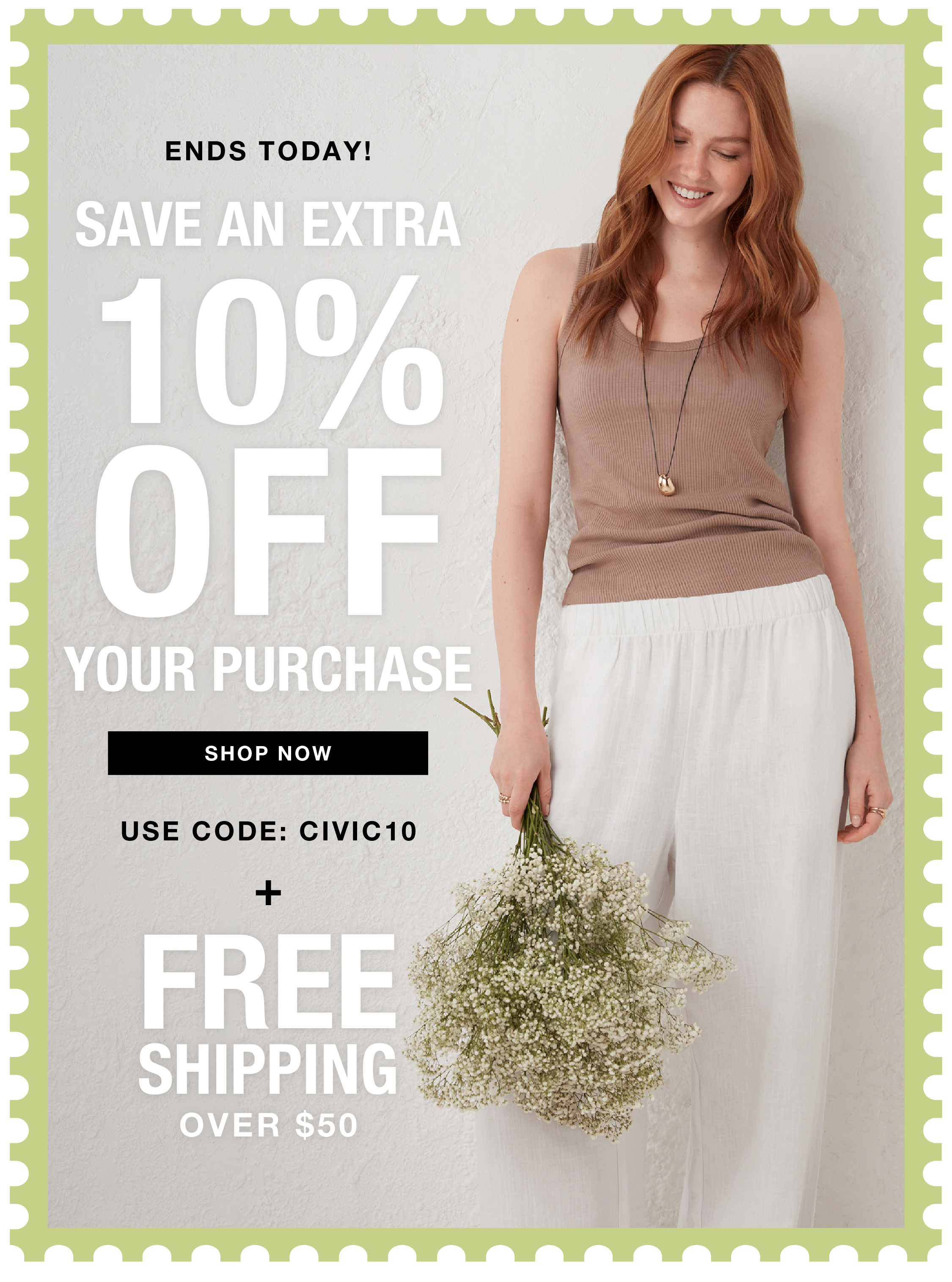 Promotional image for clothing sale with discount and free shipping offer.