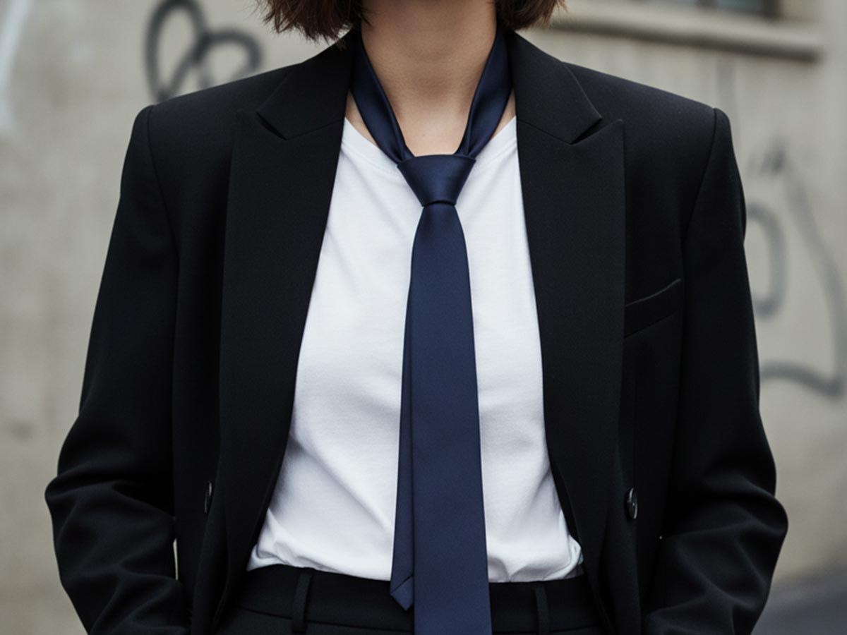 Fashion photograph of a woman wearing an oversized black blazer with a loosely knotted navy skinny tie over a white t-shirt