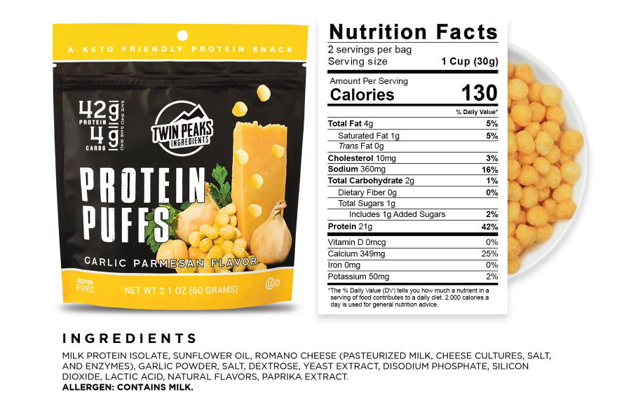 Garlic Parmesan Protein Puffs Bag and Nutrition Facts