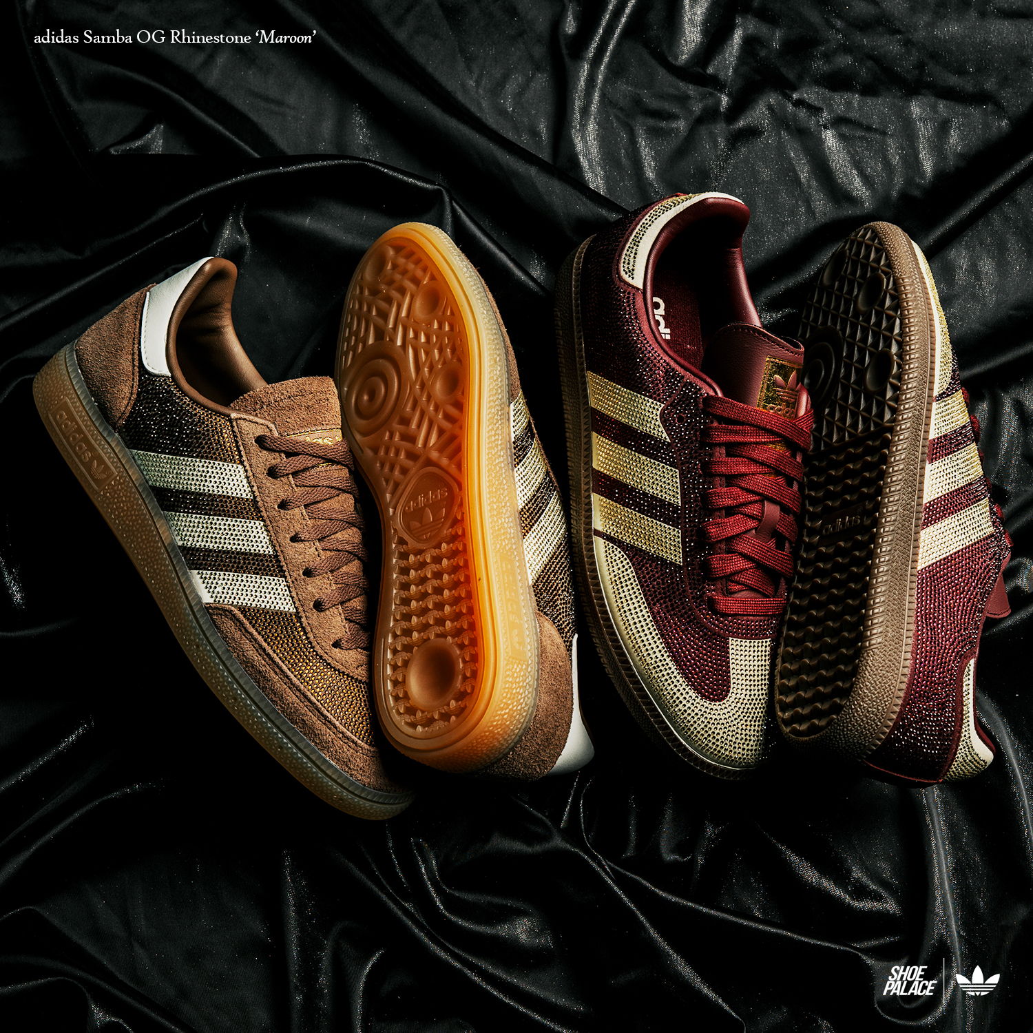 Two pairs of sneakers on a dark background.