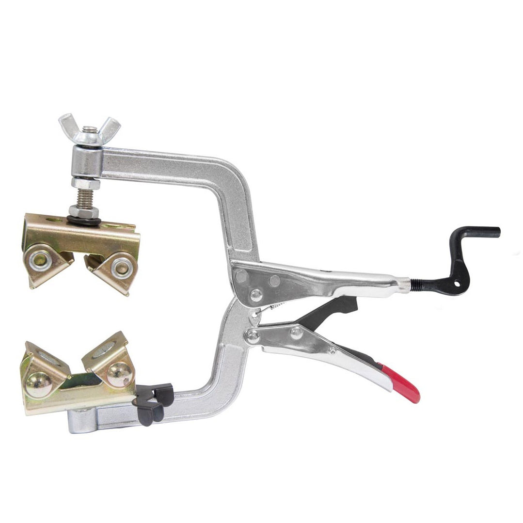 A metal clamp tool with adjustable jaws for gripping objects.