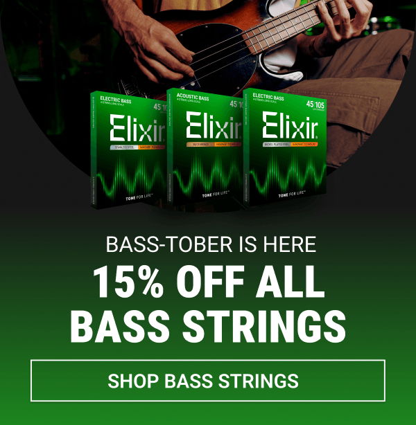 Promotional image for bass strings sale with discount information.