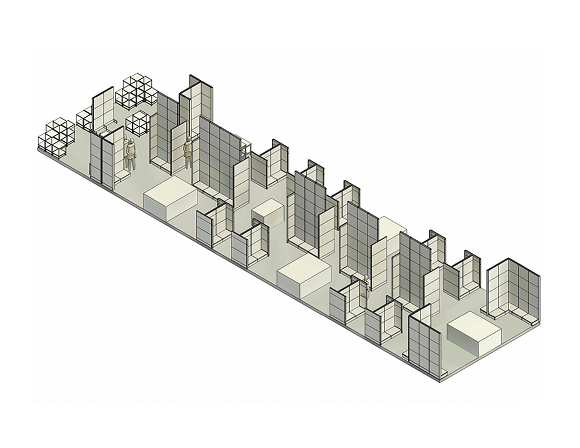 3D model of a cityscape with varying building heights and structures.