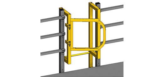 Self-closing gate attached to mezzanine ladder.