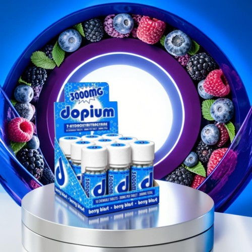A display of Dopium bottles surrounded by colorful fruits.