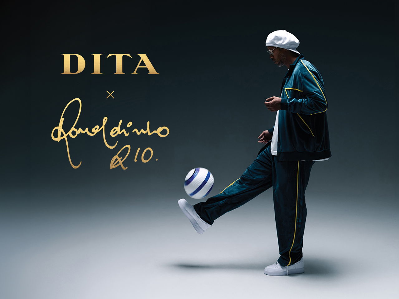 Ronaldinho in sportswear juggling a soccer ball with 