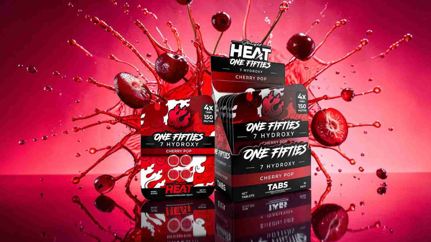 Boxes of supplements with red splashes against a pink background.