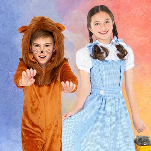 An orange and blue background with two Wizard of Oz Characters. The Girl from Oz and the Fearless Lion. Click to shop all Book Week Wizard of Oz Costumes.