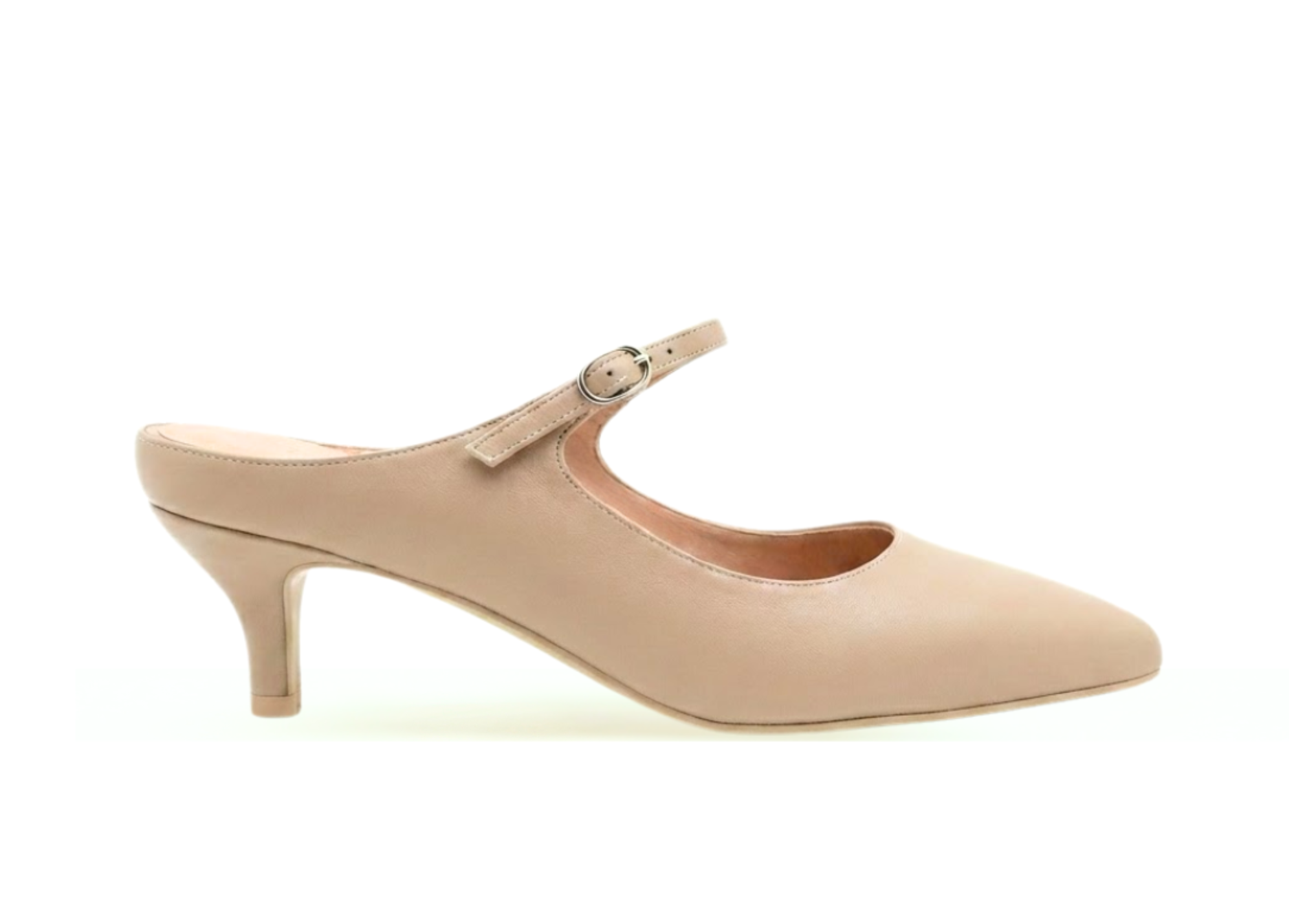 Beige slingback high-heel shoe with a strap and pointed toe.