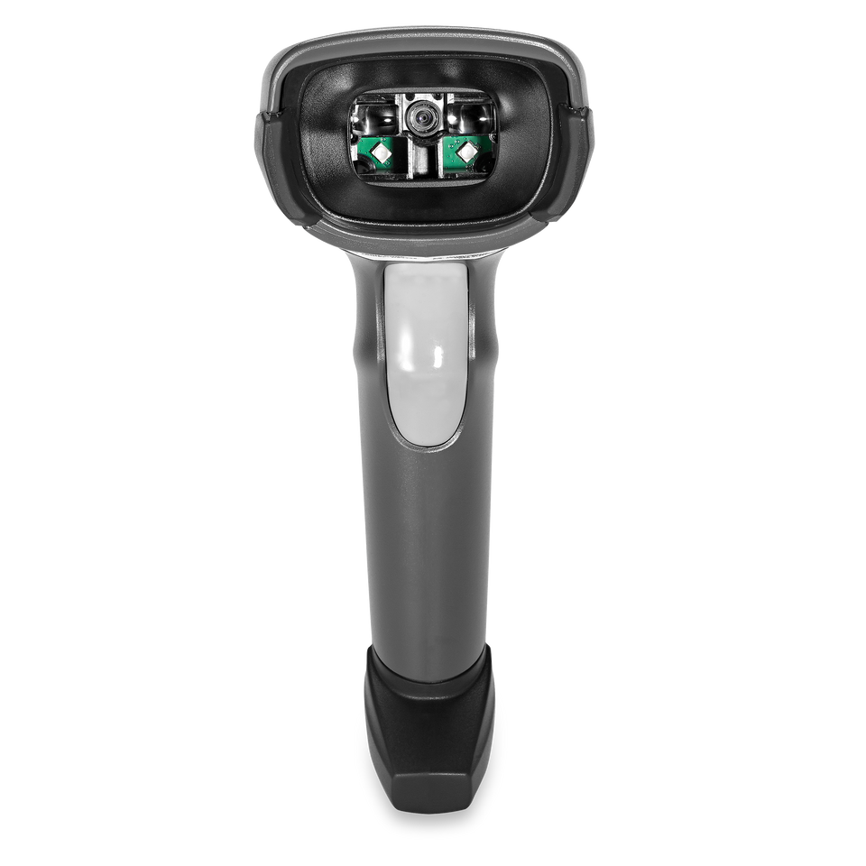 Barcode scanner with a gray handle and illuminated scanning area.