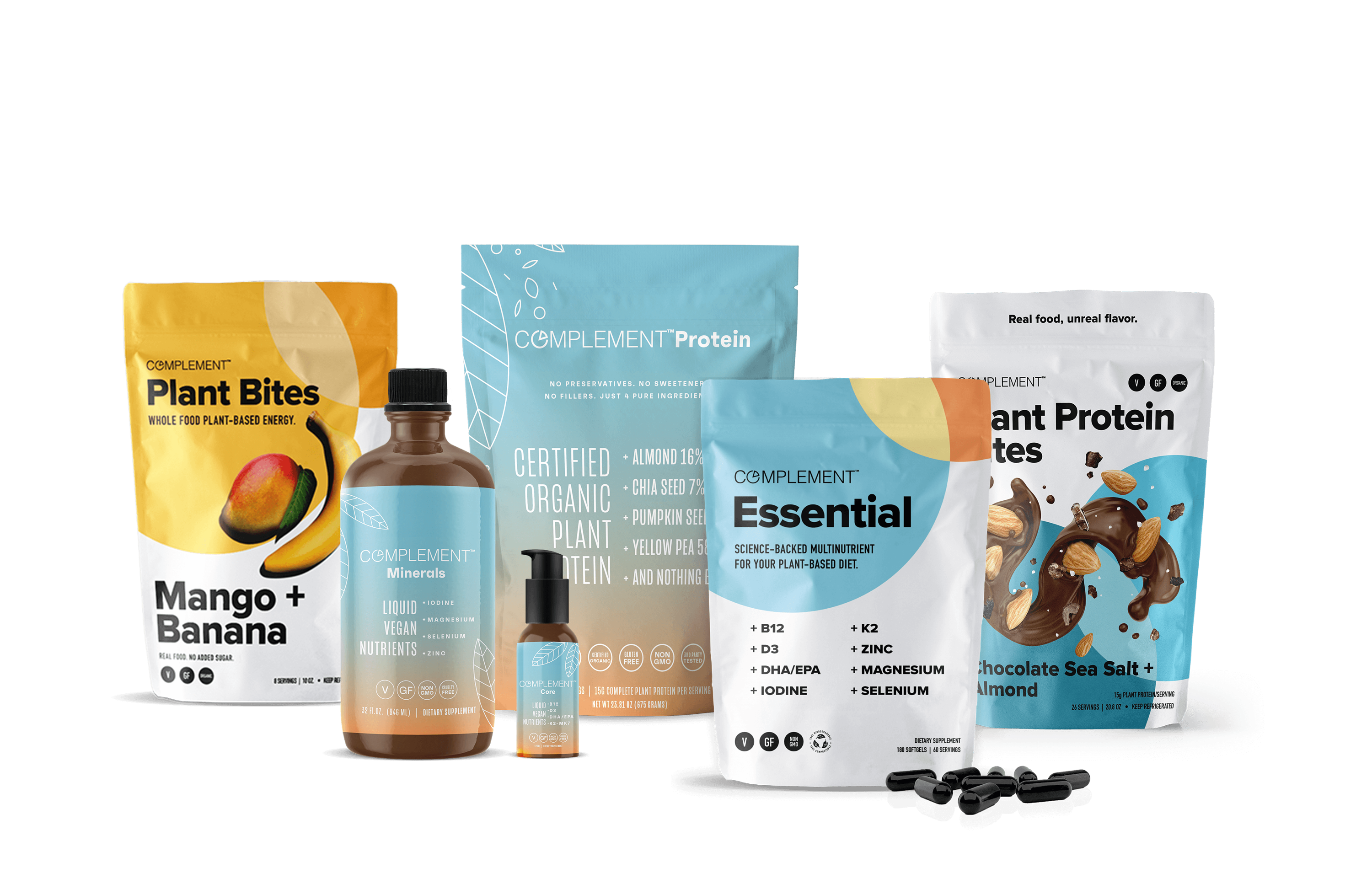 Complement Products - Plant Bites, Complement Essential, Complement Protein, Essential Vegan Nutrients and Plant Protein Bites