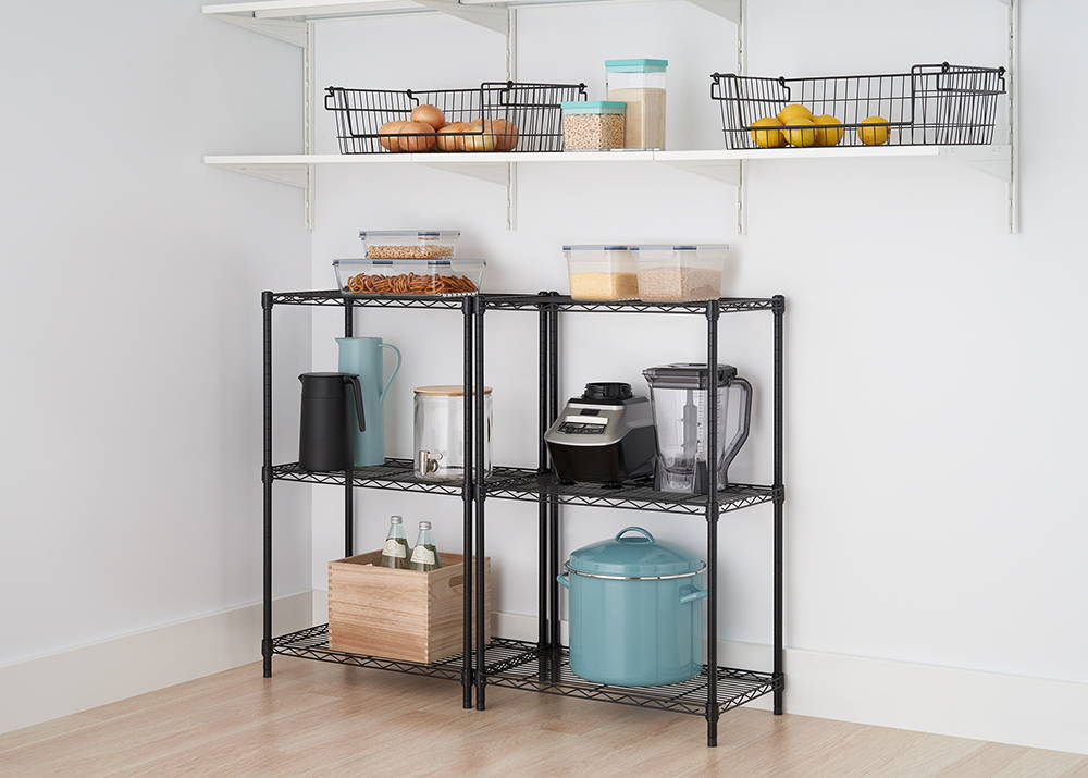 3-tier wire racks placed next to each other in a pantry