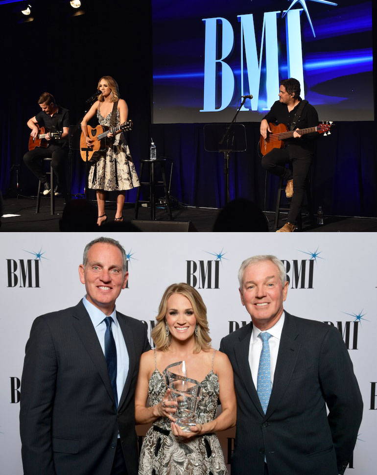 Carrie Underwood wore a style from the Badgley Mischka Fall 2017 runway collection while performing and accepting an award at the annual BMI/NAB Dinner in Las Vegas.