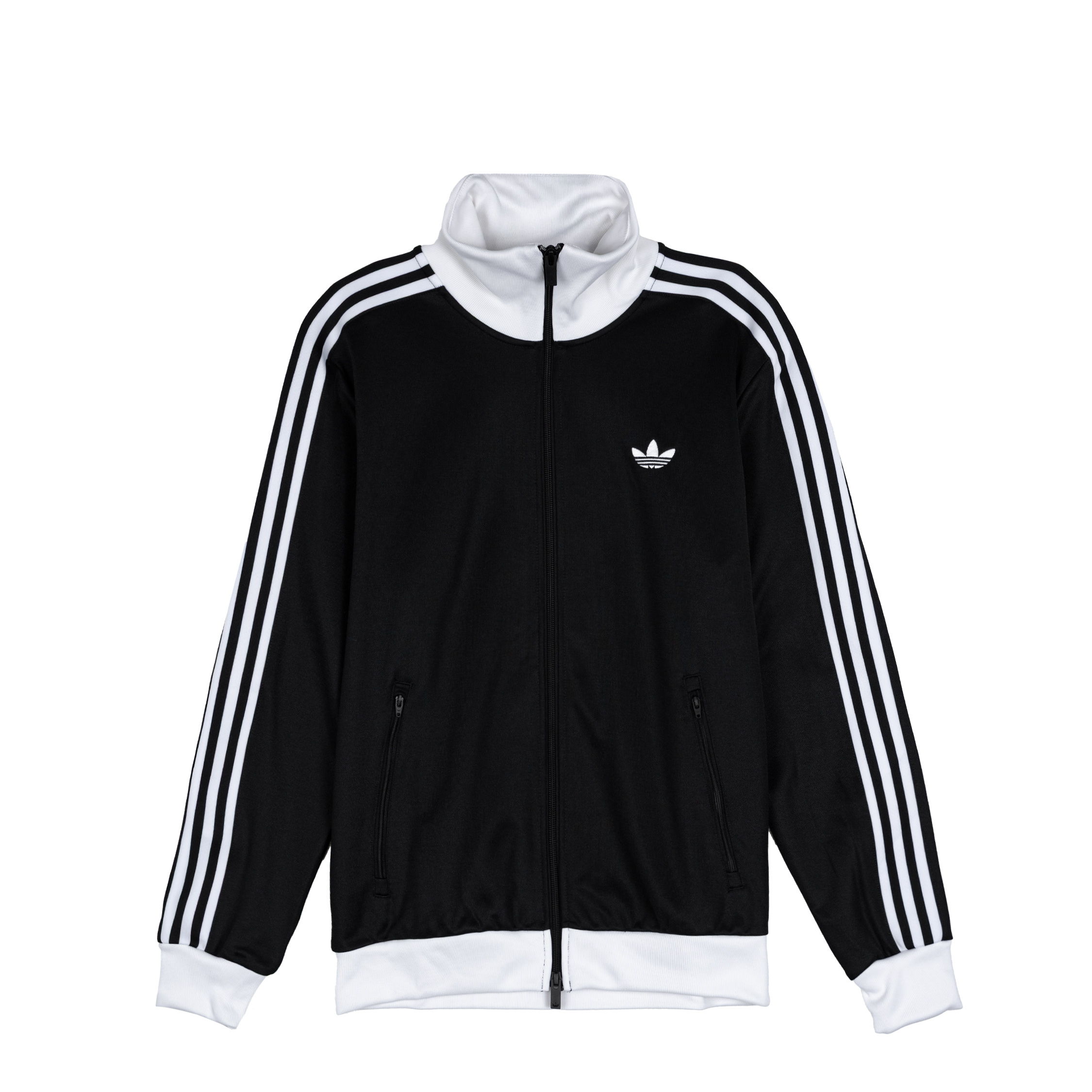 Black track jacket with white stripes and a zip-up collar.