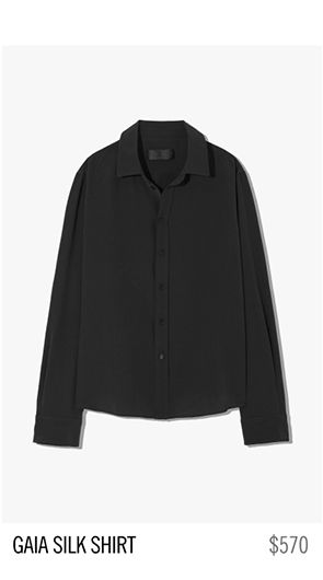 Black silk shirt with button-up design, labeled 