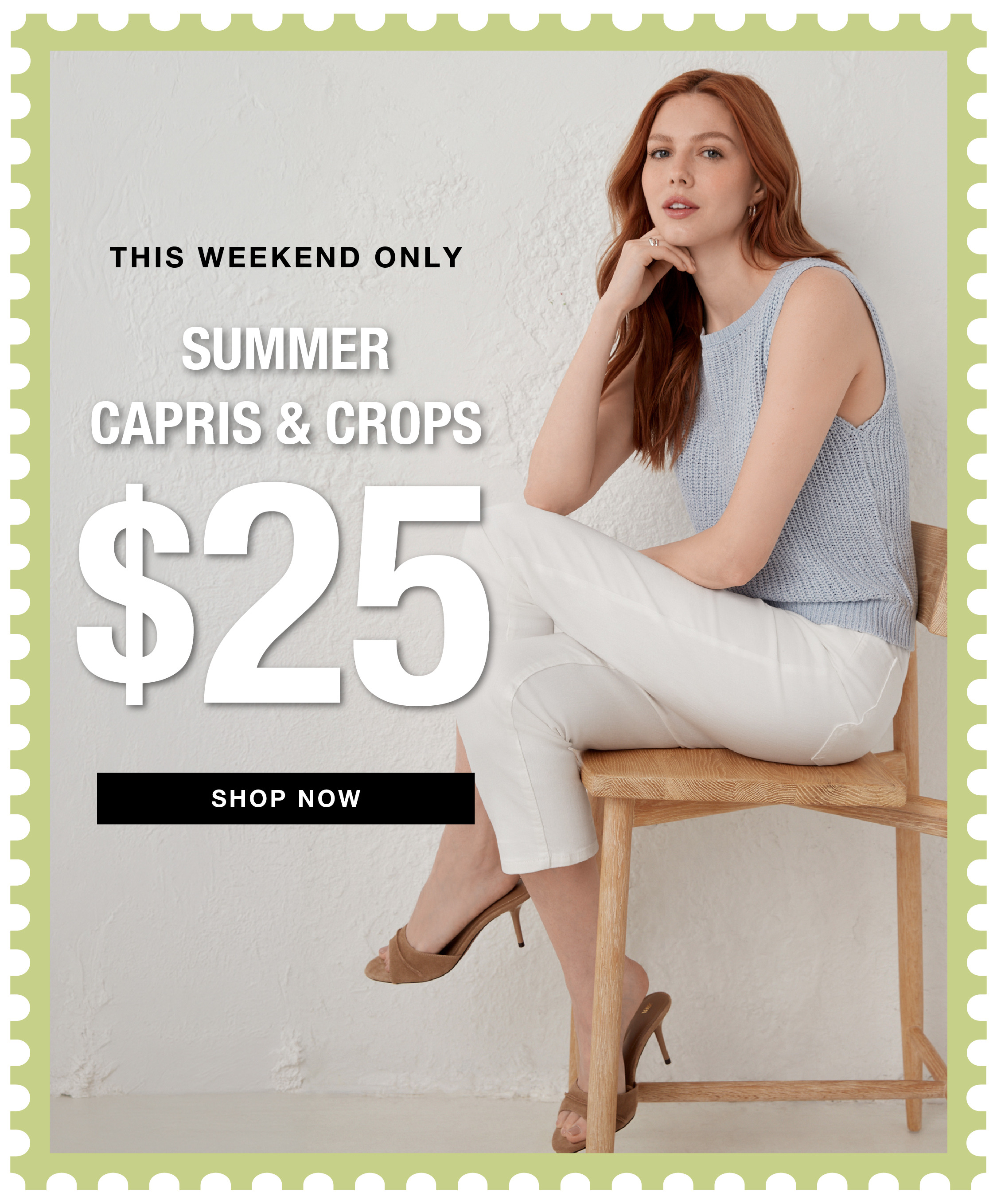 Model promoting summer capris and crops for $25, with a shop now button.
