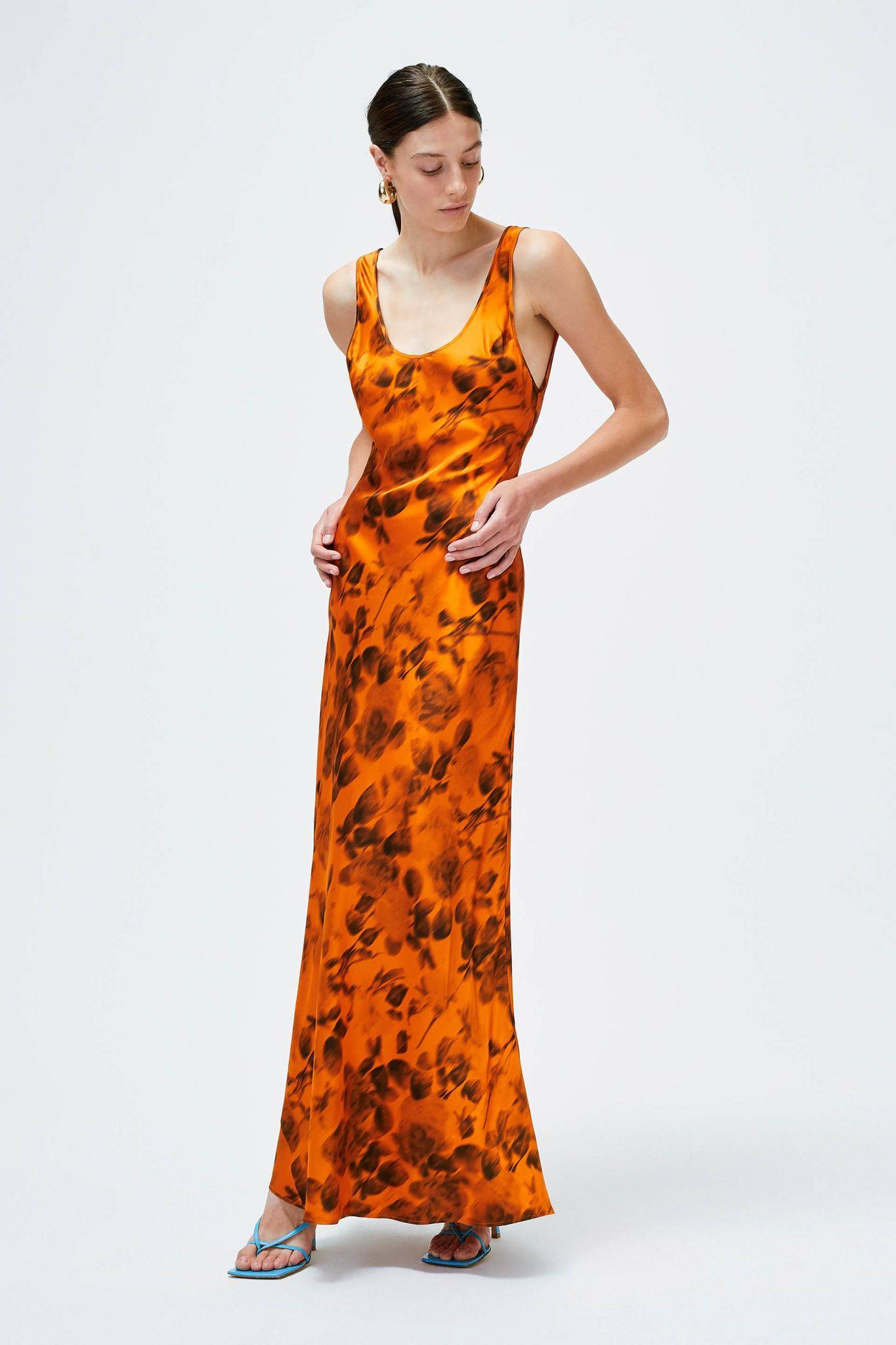 Galvan London floral Satin Slip Orange Dress