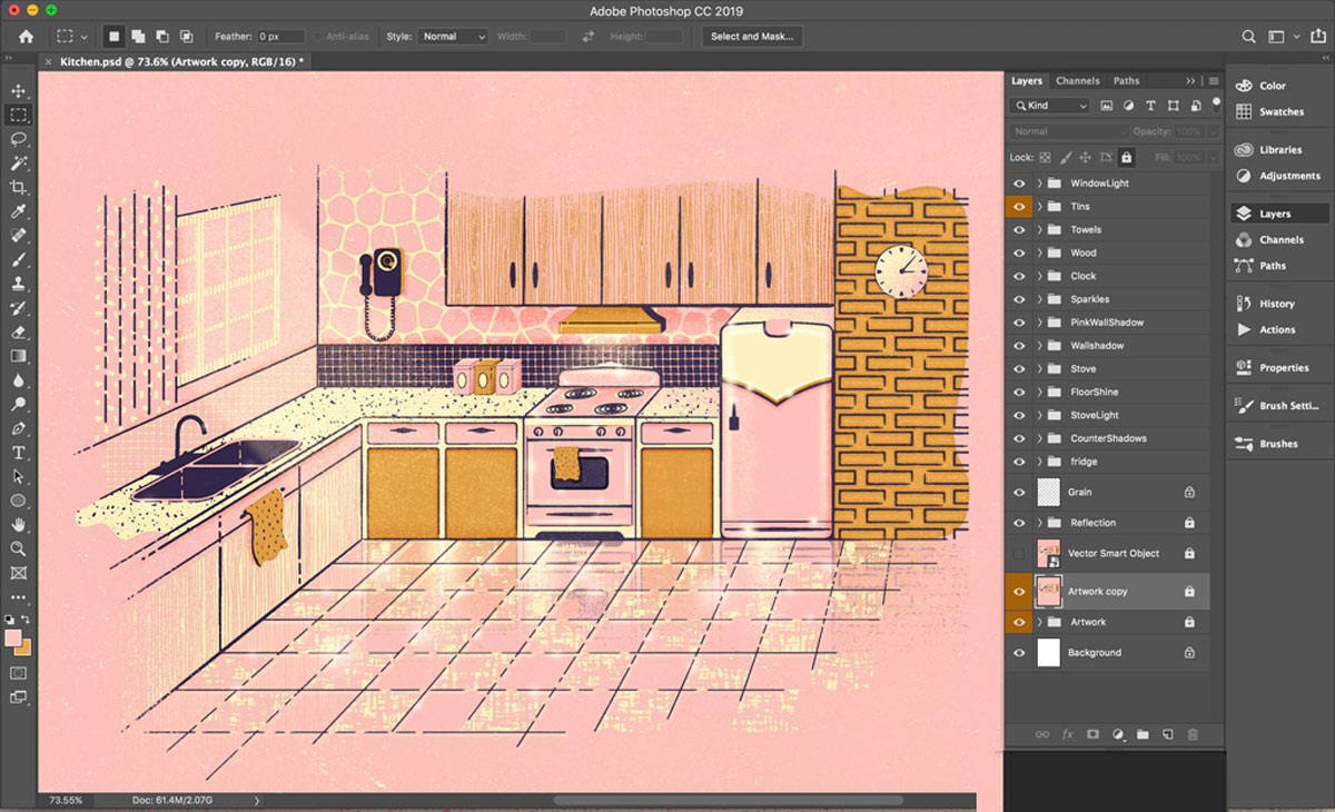 Layer panel showing all the layers of Mid-century kitchen illustration  in Adobe Photoshop