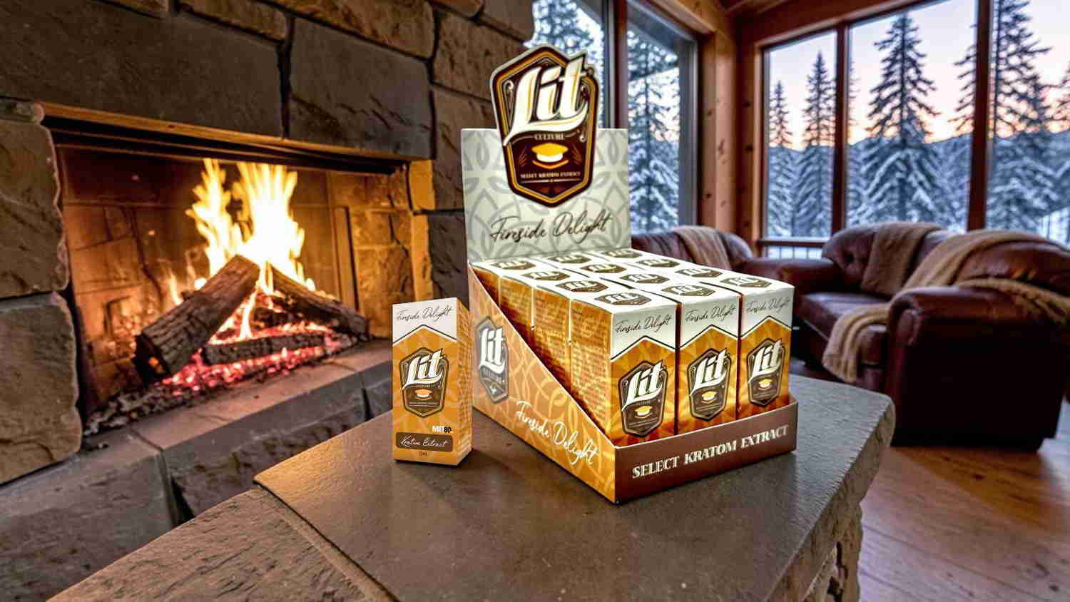Cozy indoor scene with beer packaging near a fireplace and snowy landscape.