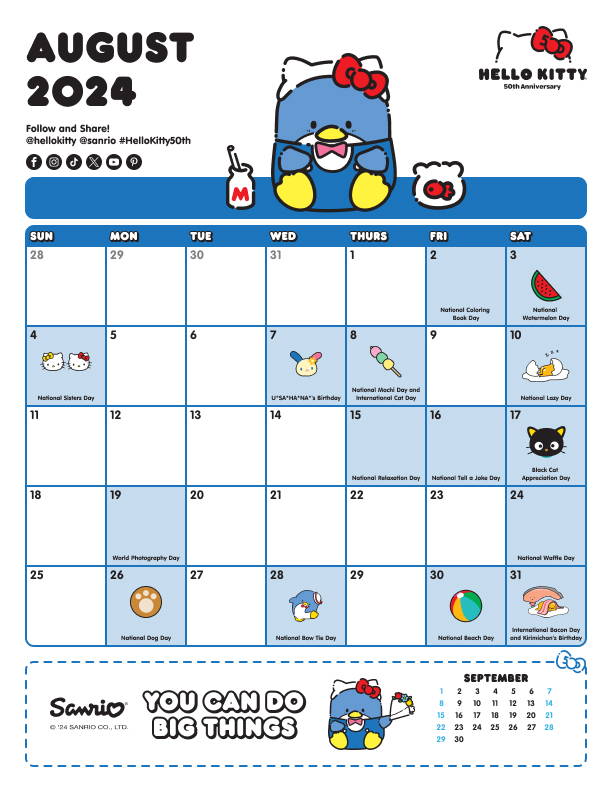 Sanrio Friend of the Month August 2024 Calendar featuring Tuxedosam.