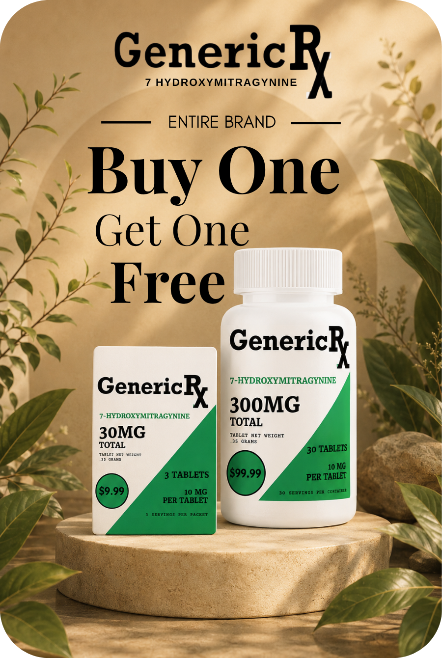 Promotional image for GenericRX: Buy one, get one free on medication.