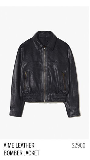 Black leather bomber jacket with zipper, priced at $2900.